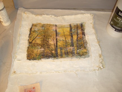 Fall picture transfered to muslin, lined with lace pieces and puff painted